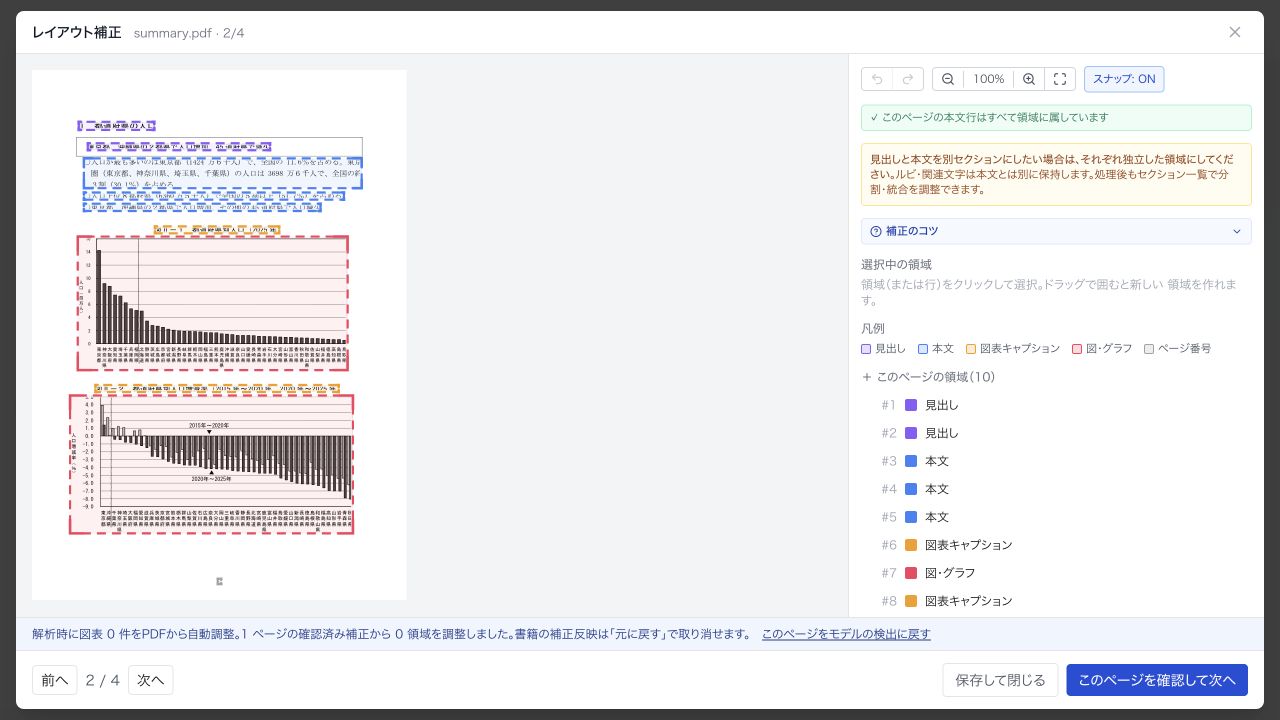 ページごとに補正を確認する。現在のページの枠とラベルを確認します。
