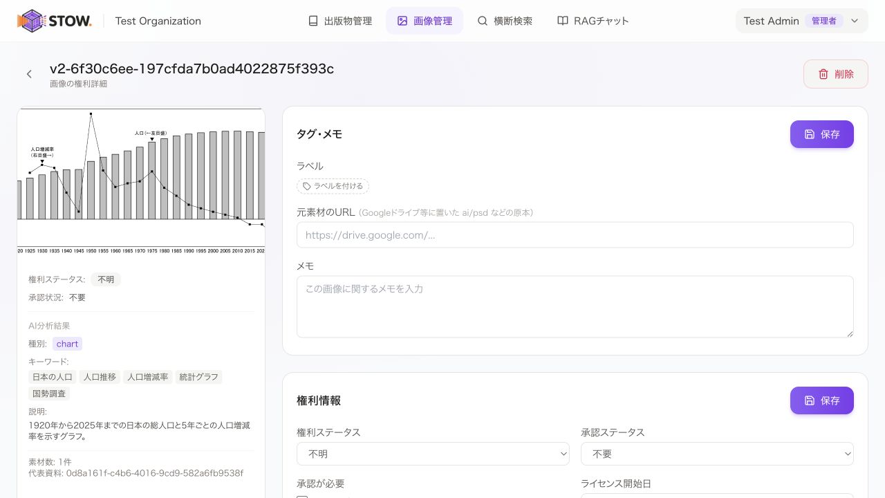 画像のタグ・元素材URL・メモを編集。右側の「タグ・メモ」でラベルや元素材URLを設定します。
