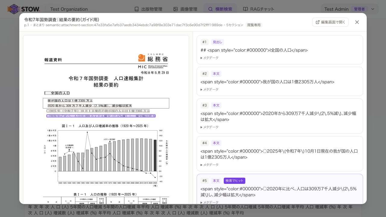 検索結果と原本を照合。左の原本と右のセクションを見比べます。